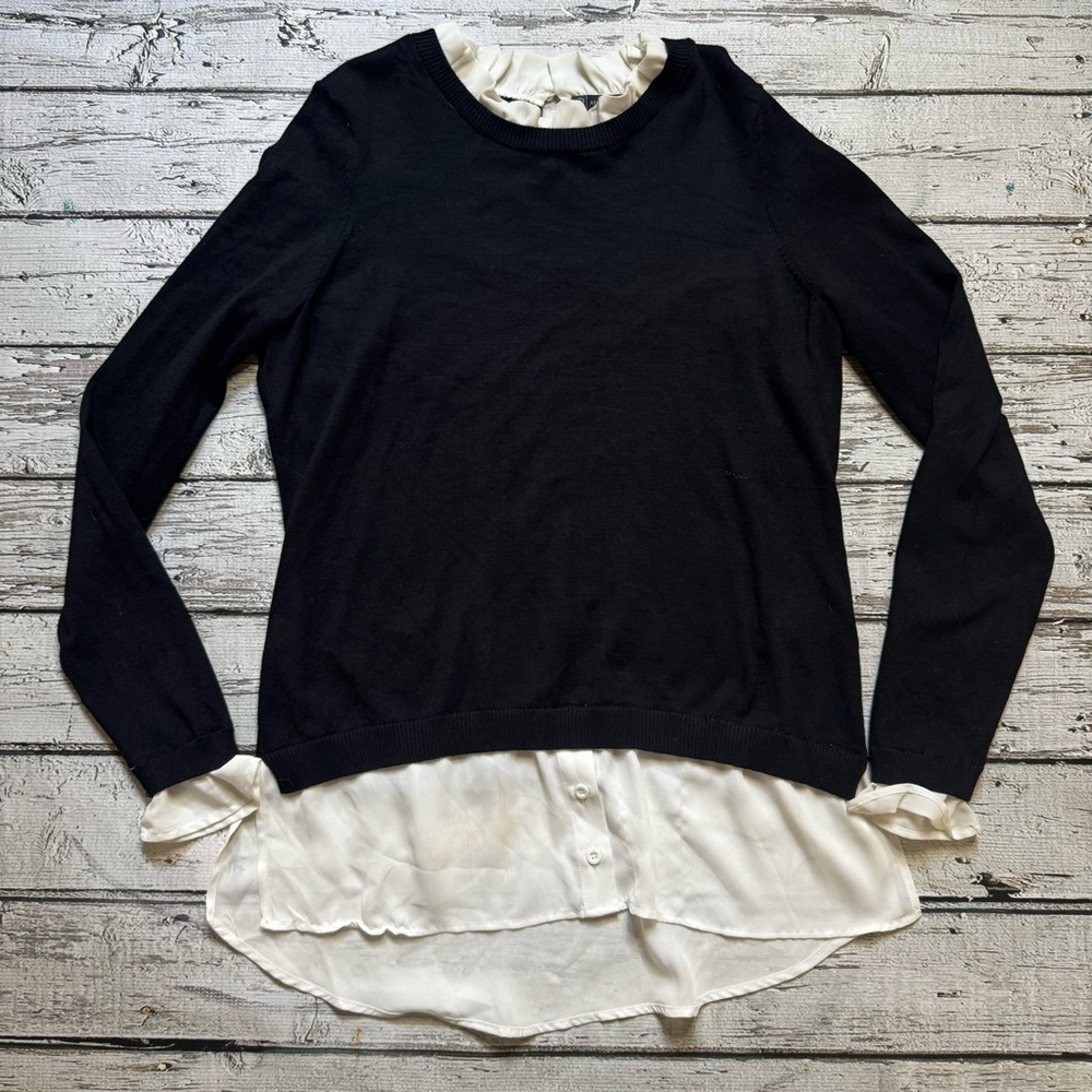 Adrianna Papell Women’s Ruffle Neck Twofer Sweater - Black & White, Size M